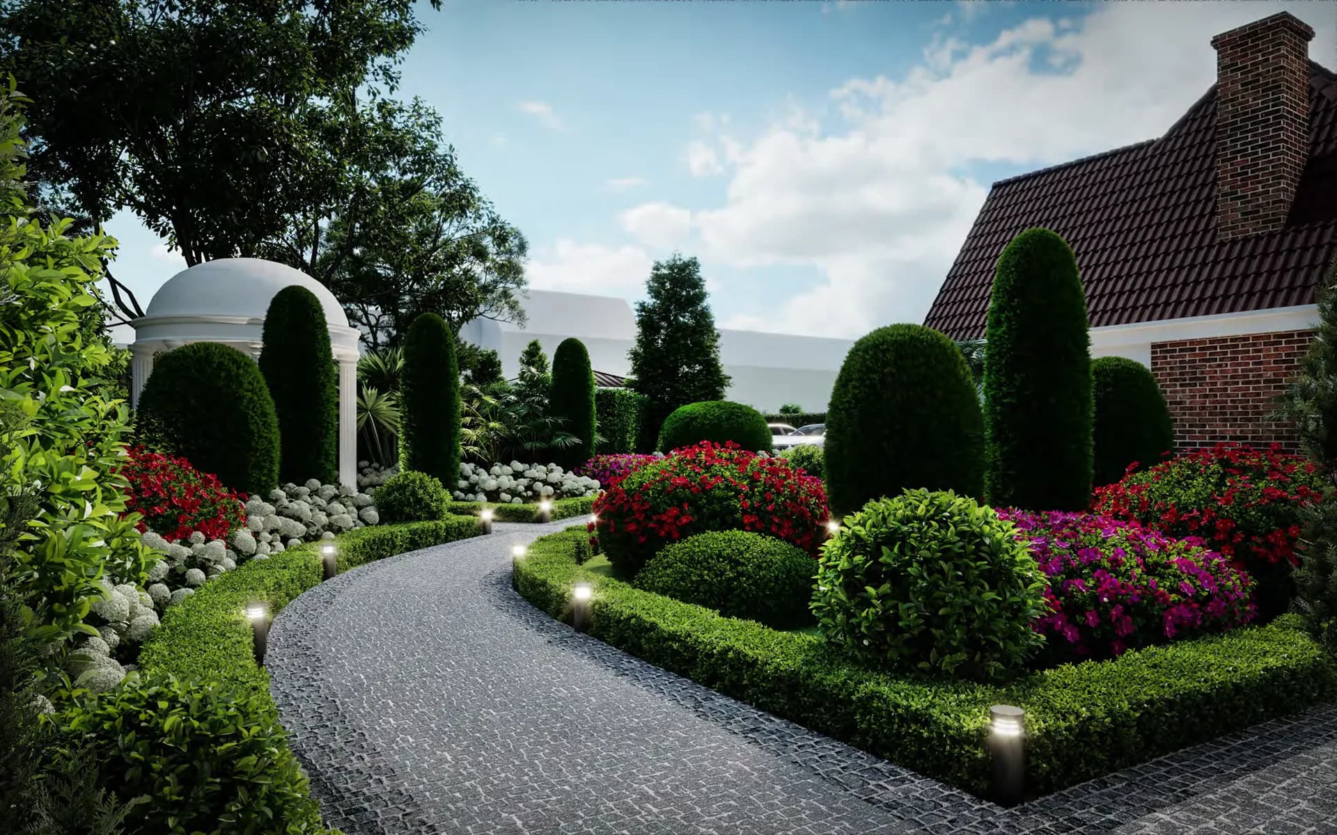 Curving garden path between clipped topiary, roses and a gazebo — House at Albert Mews, Romford