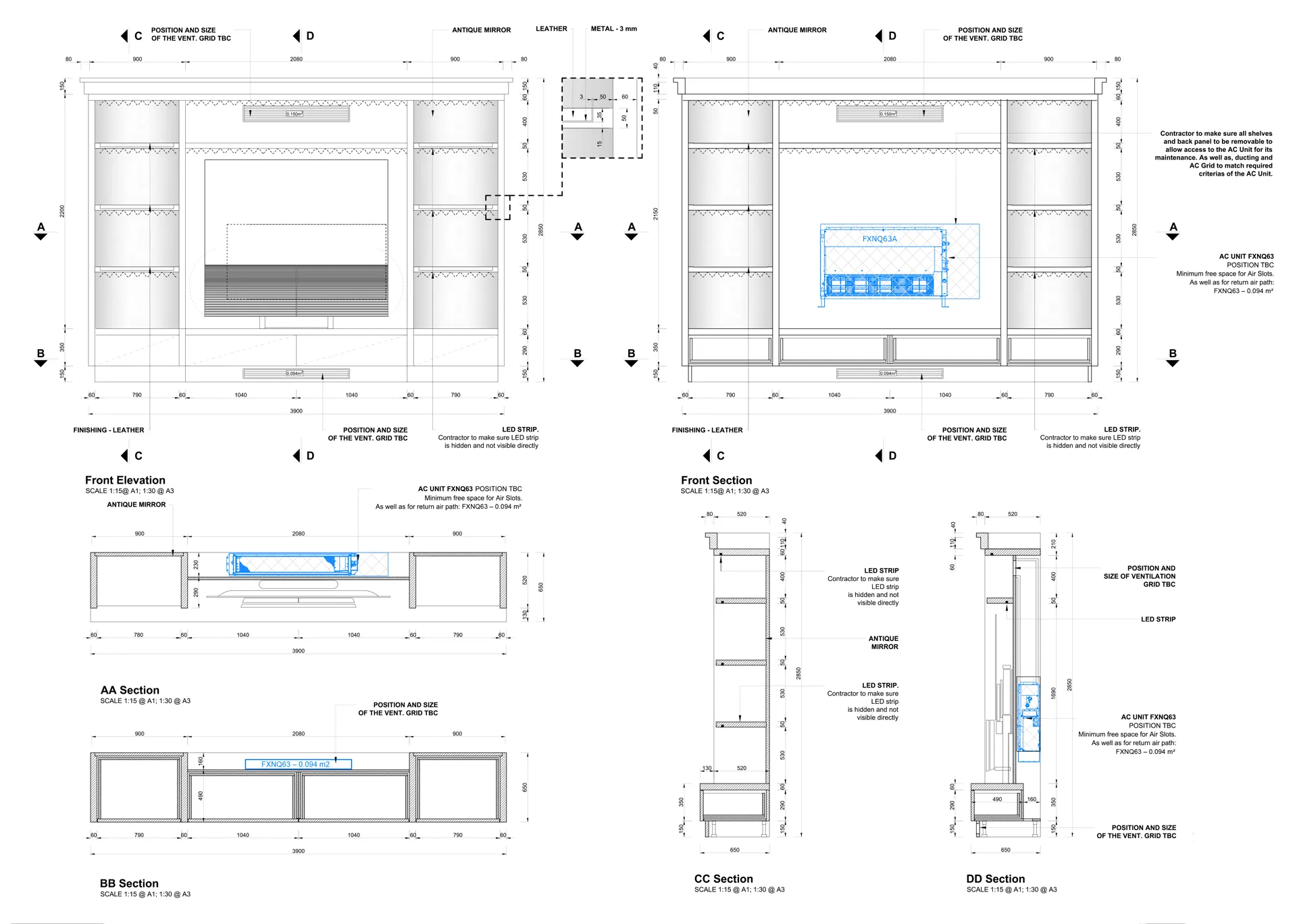 Design intent drawing of a bespoke media unit: elevations and sections — Belgravia, London