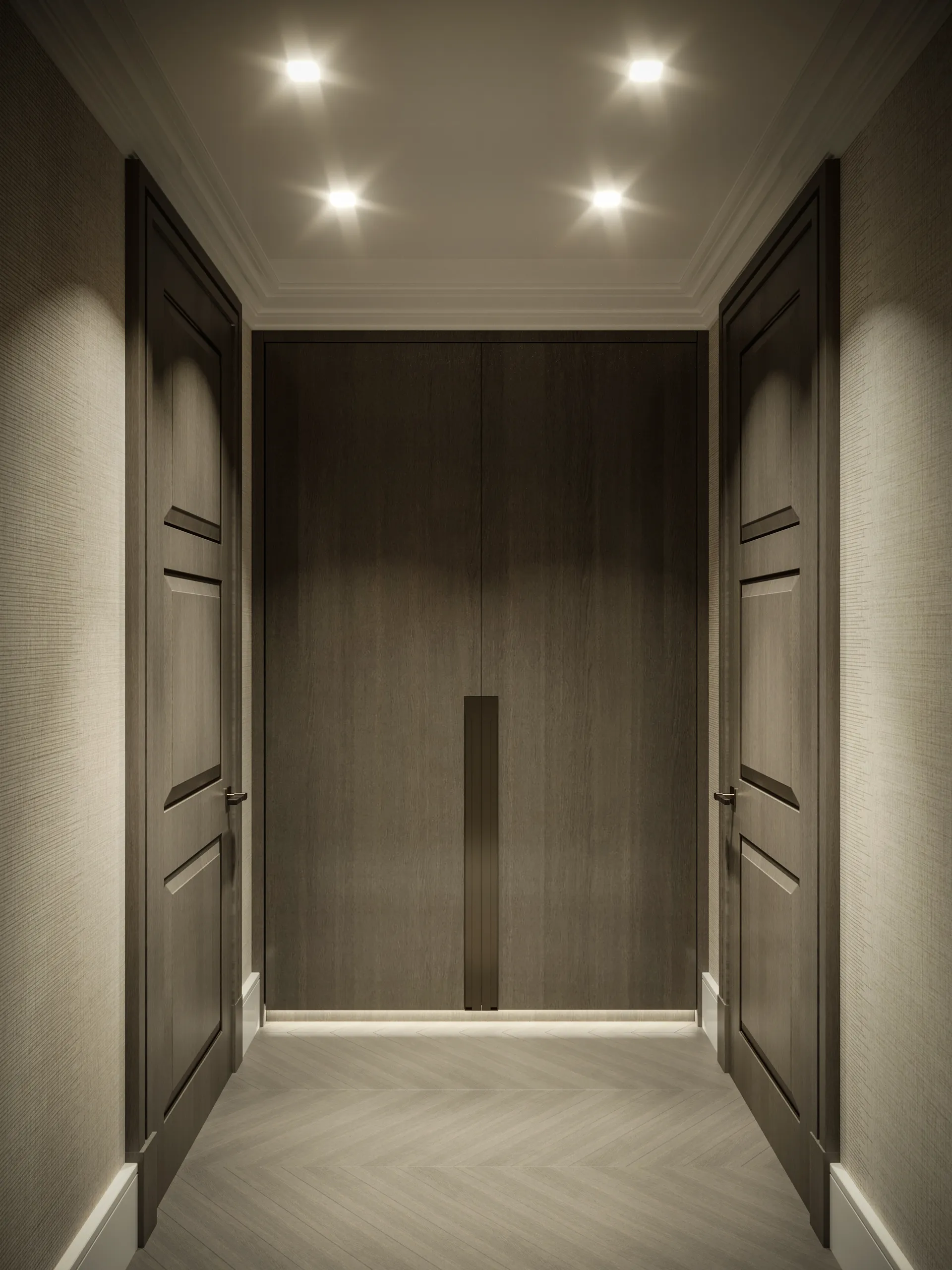 Walk-in dressing room lined with dark timber wardrobes — Belgravia, London