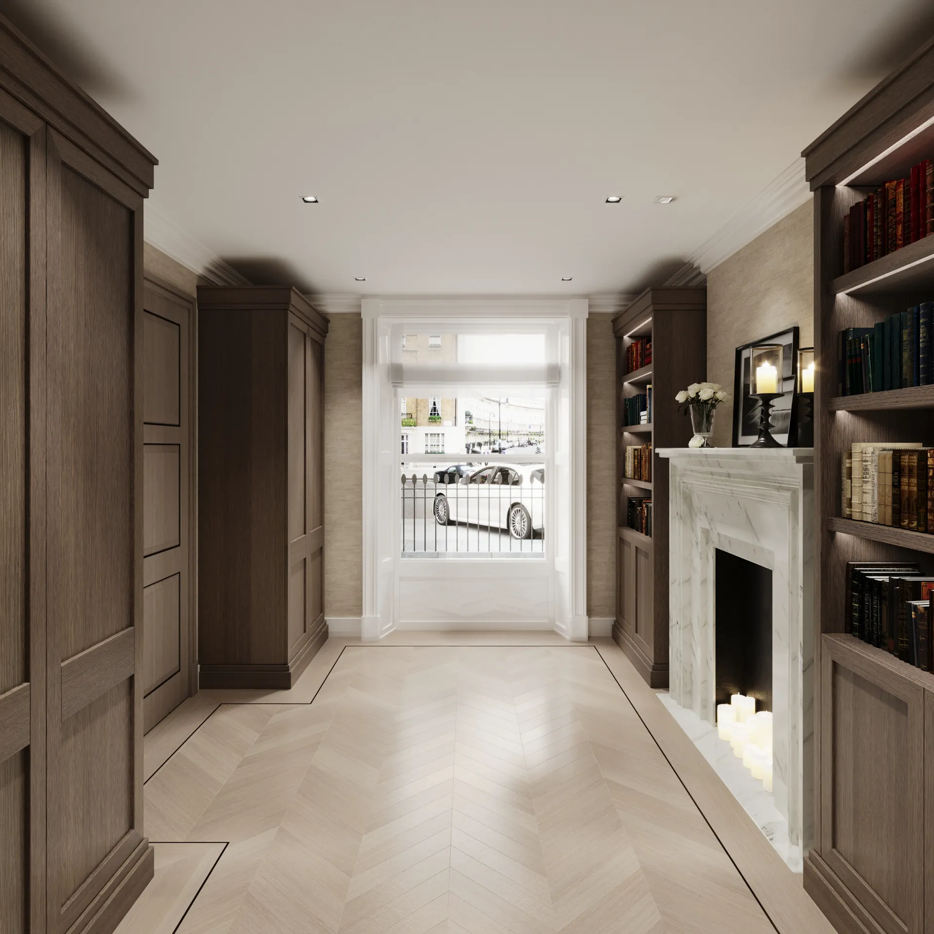 Library corridor with a marble fireplace and built-in bookcases — Belgravia, London
