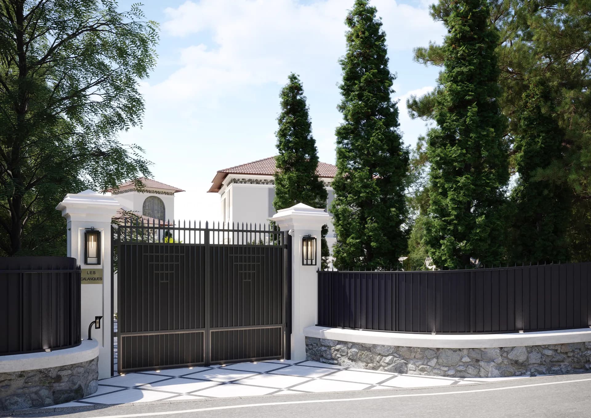 Black metal gates between rendered piers with lanterns — Villa at Cap d'Ail, Cap d'Ail