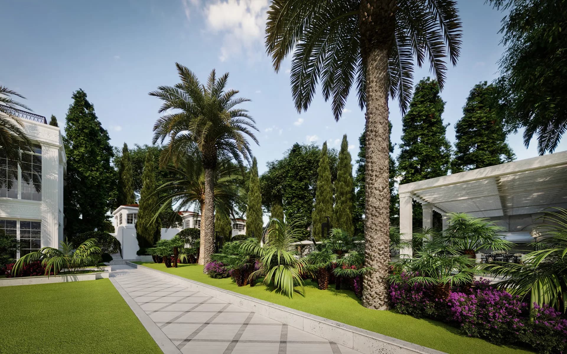 Garden path through lawns and palms towards a pergola — Villa La Fadarello, Cap Ferrat