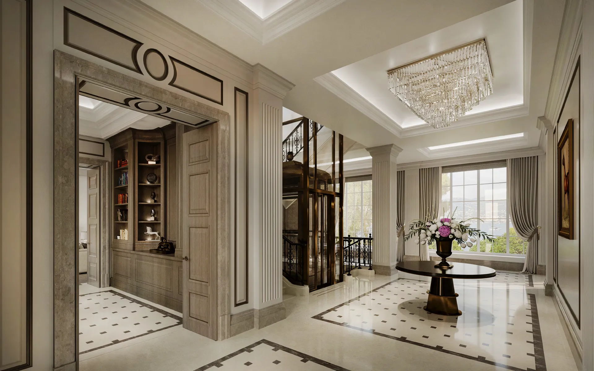 Marble entrance hall with a crystal chandelier, panelled walls and a lift — Villa La Fadarello, Cap Ferrat