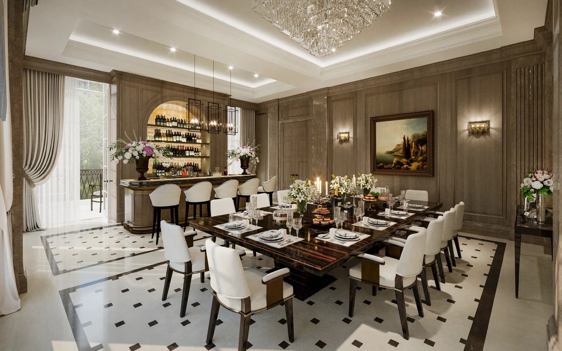 Panelled dining room with a long table for fourteen, bar and chandelier — Villa La Fadarello, Cap Ferrat
