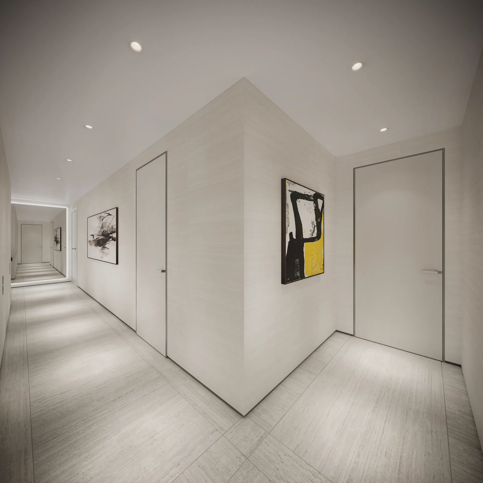Pale hallway with flush doors and framed abstract artwork — Chelsea Apartment, London