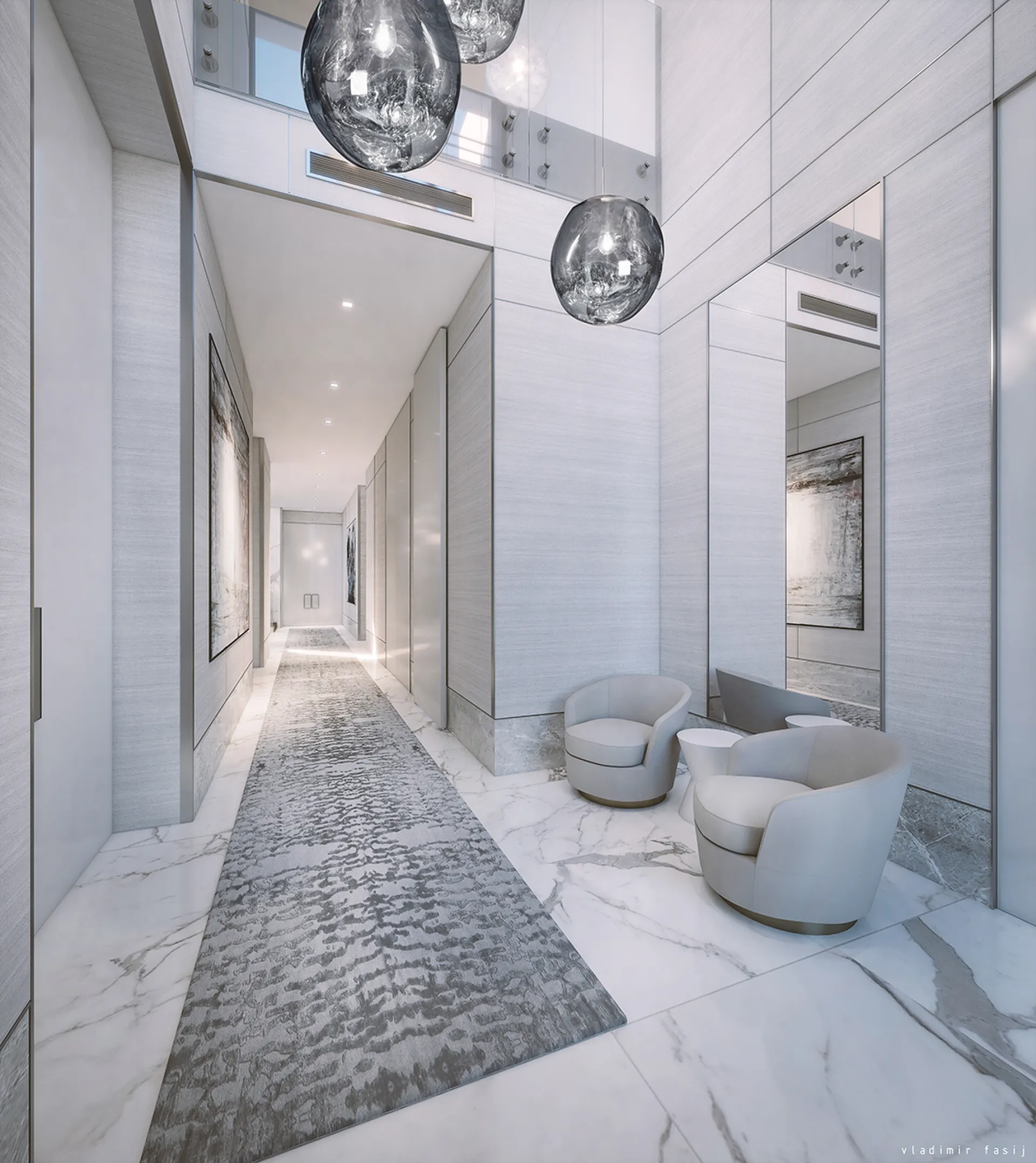 Marble gallery corridor with a patterned runner and glass pendants — Persian Gulf Coast Villa, Abu Dhabi