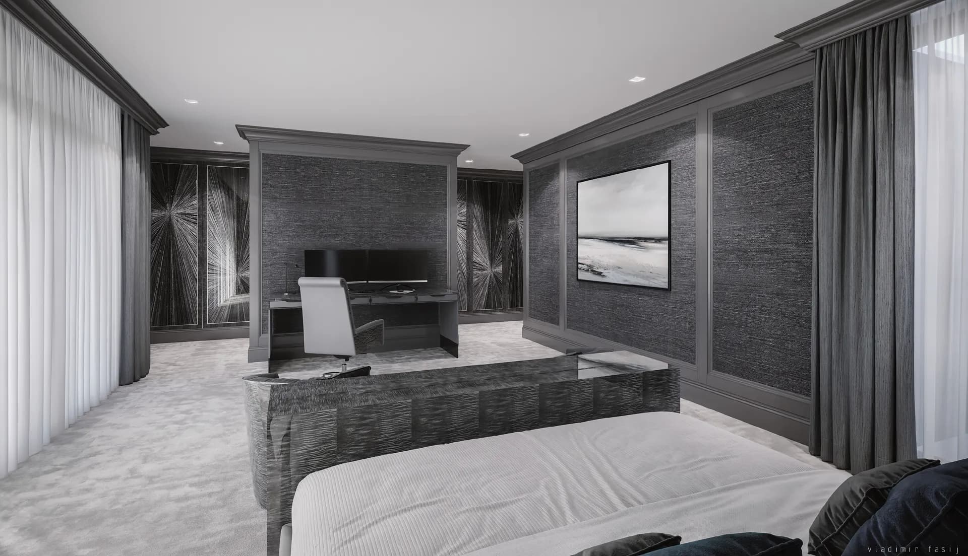 Bedroom with dark textured wall panels, a desk and full-height curtains — Villa at Saadiyat Island, Abu Dhabi