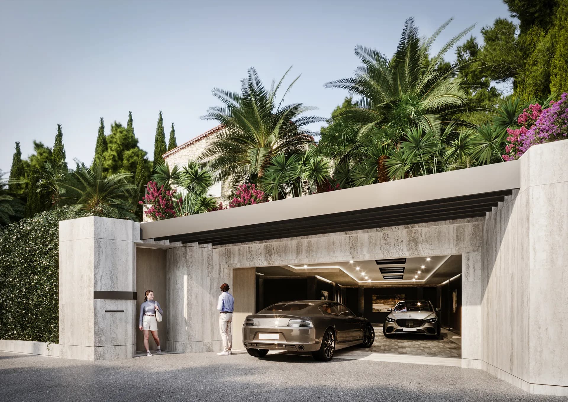 Stone-clad garage entrance with cars inside, set beneath palms — Villa La Belle, Saint-Jean-Cap-Ferrat