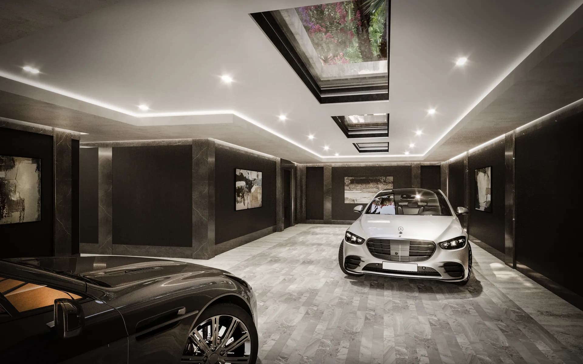 Underground garage with dark walls, skylights and luxury cars — Villa La Belle, Saint-Jean-Cap-Ferrat