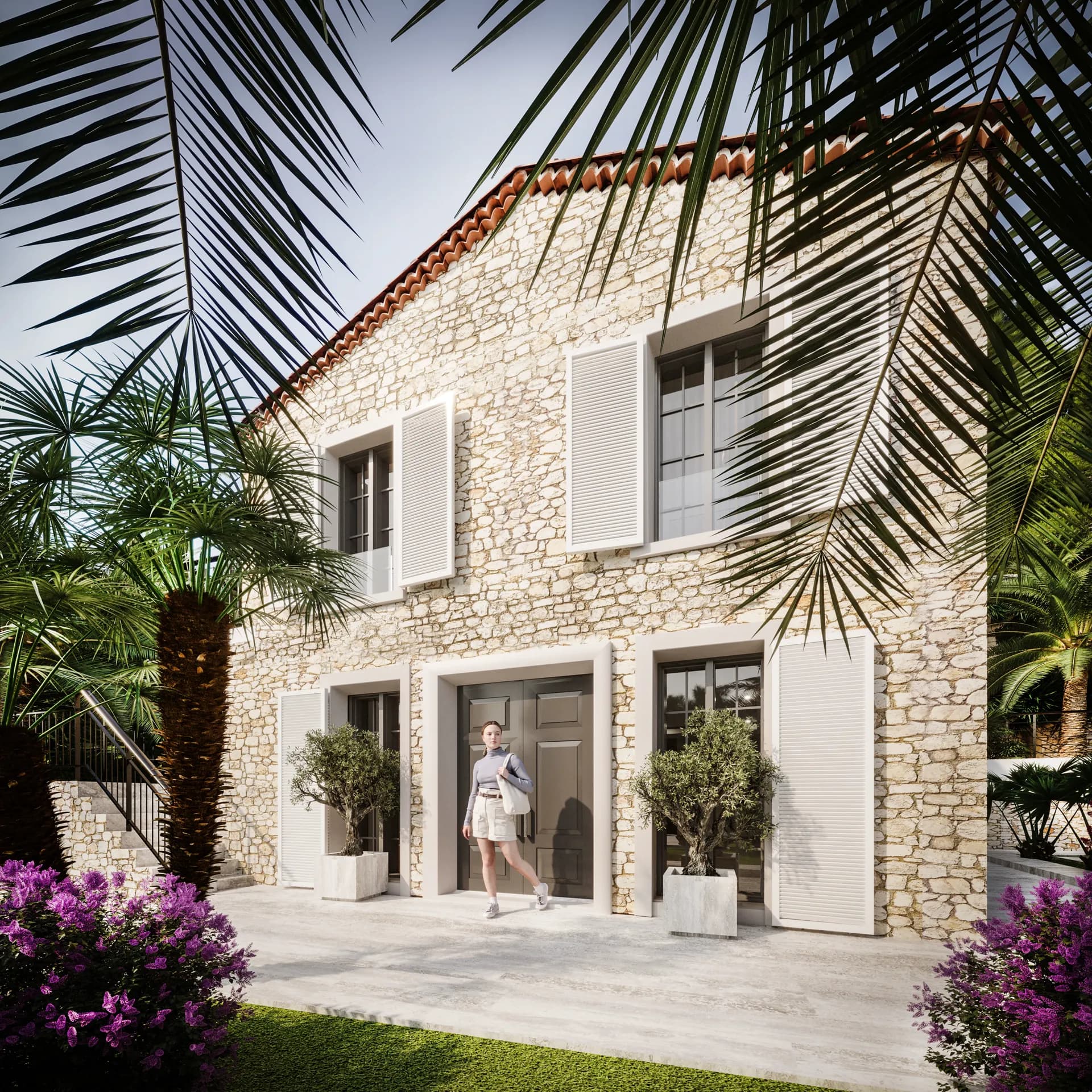 Provençal stone façade with white shutters and bougainvillea — Villa La Belle, Saint-Jean-Cap-Ferrat
