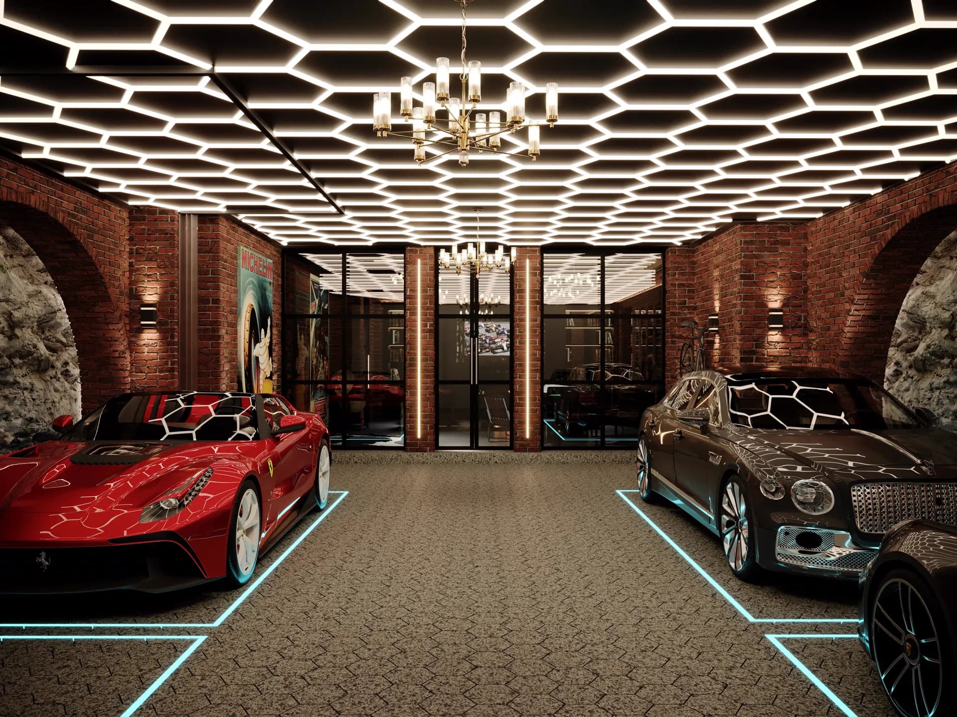 Car gallery with a hexagonal lit ceiling, brick arches and supercars — Villa Luna, Cap Martin