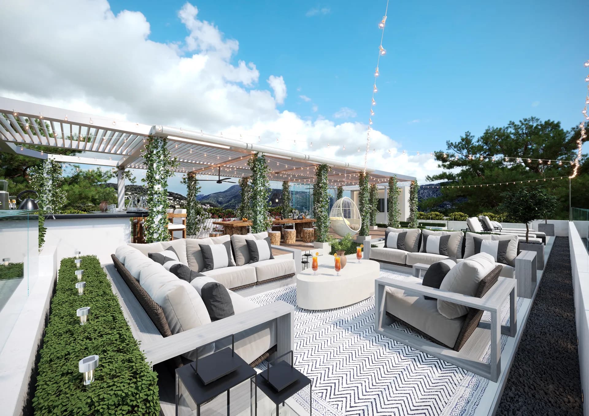 Roof terrace lounge with sofas, planting and a pergola — Villa Luna, Cap Martin
