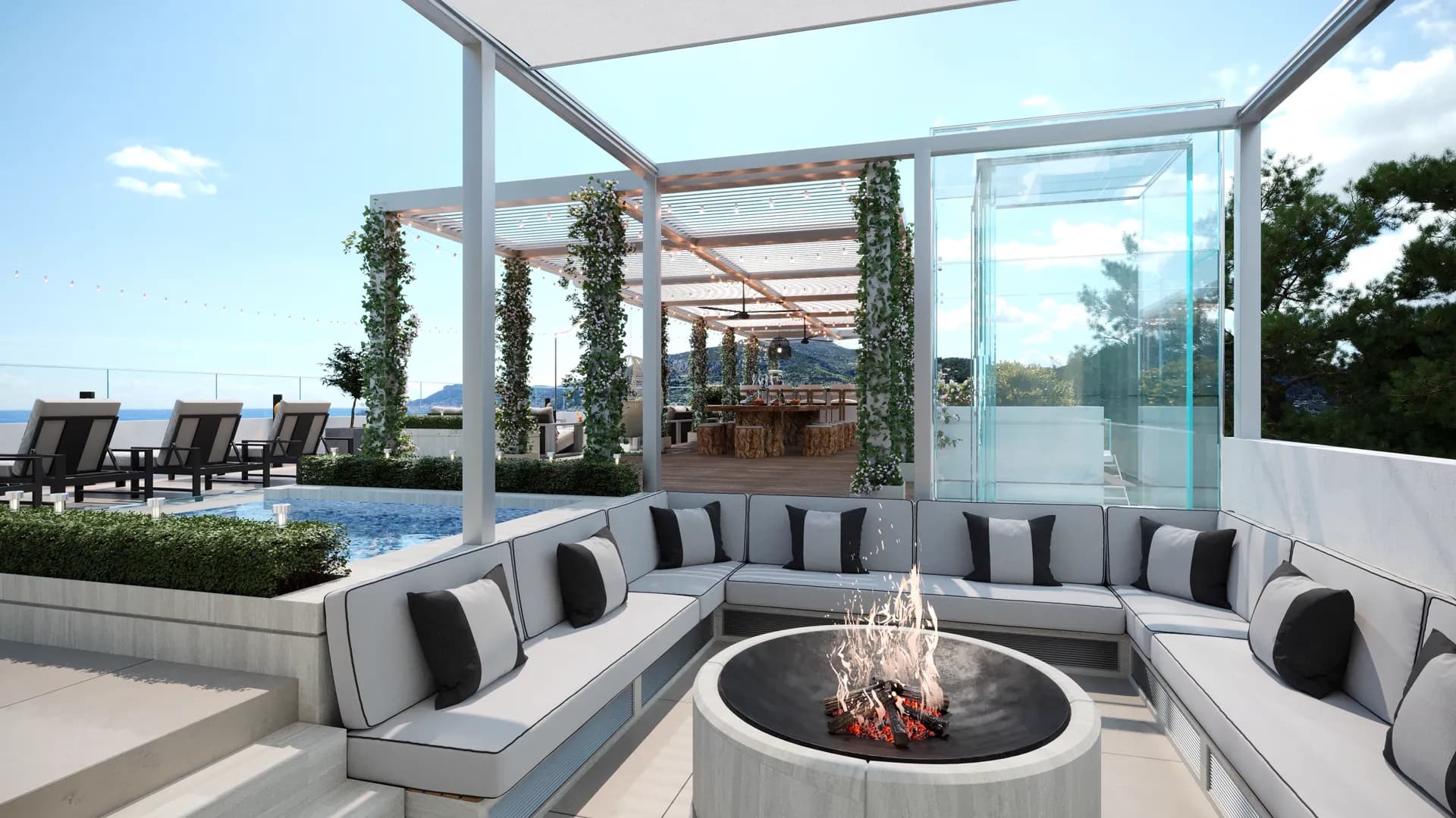 Fire-pit lounge beside the pool with views over the bay — Villa Luna, Cap Martin
