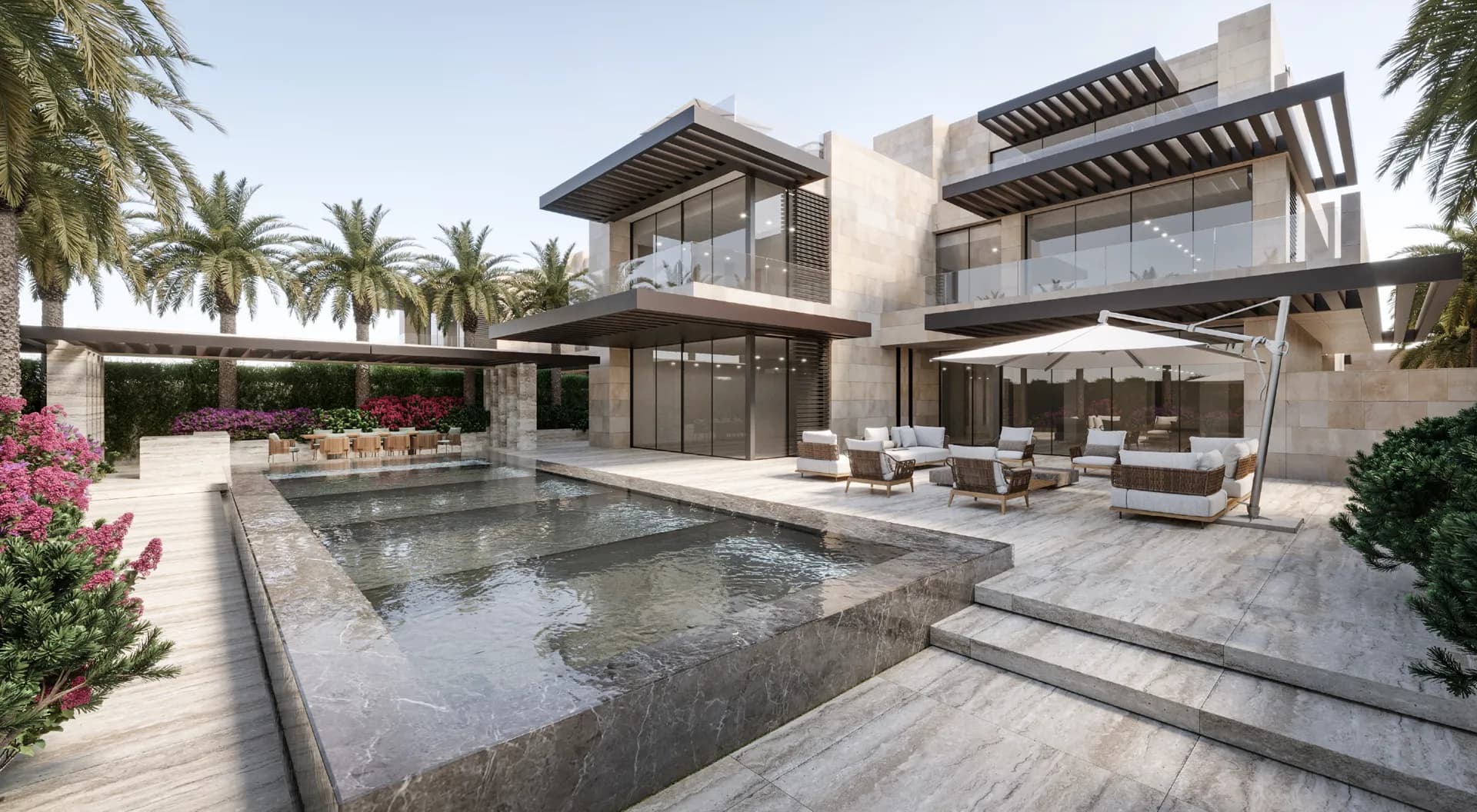 Villa terrace with an infinity pool, loungers and a shaded seating area — Villa Nudra, Saadiyat Island