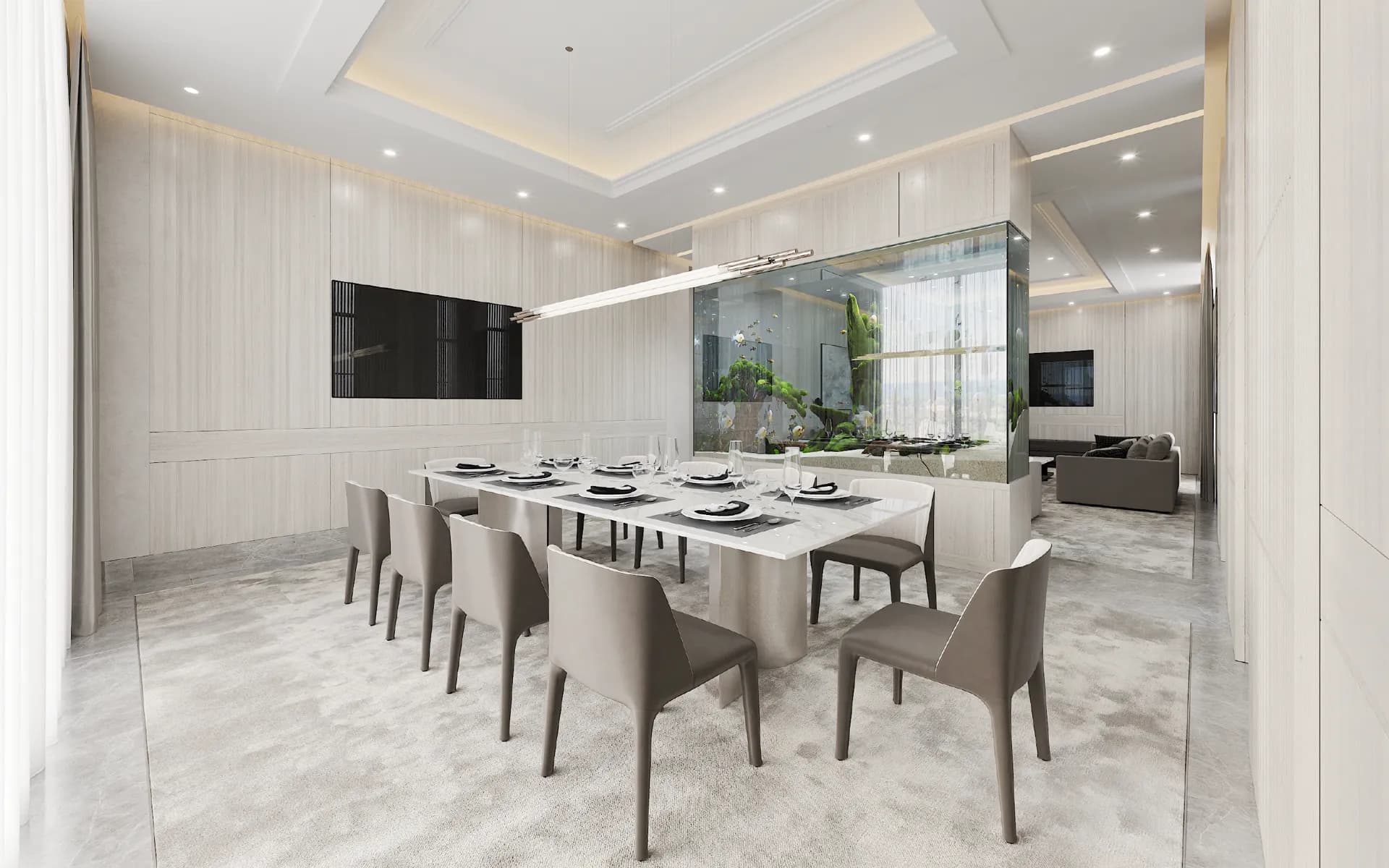Dining room for twelve beside a glass-walled indoor garden — Villa Nudra, Saadiyat Island