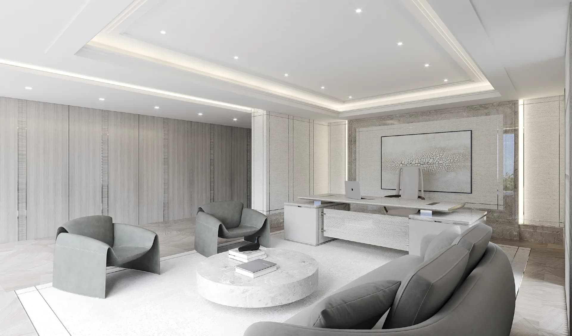 Study with a white desk, sculptural lounge chairs and a round table — Villa Nudra, Saadiyat Island