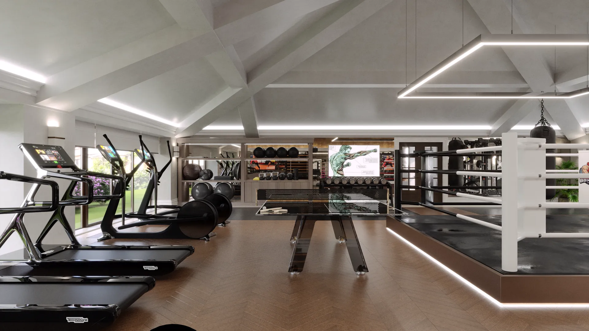 Gym with treadmills and a professional boxing ring under a vaulted ceiling — Windsor Estate, Windsor