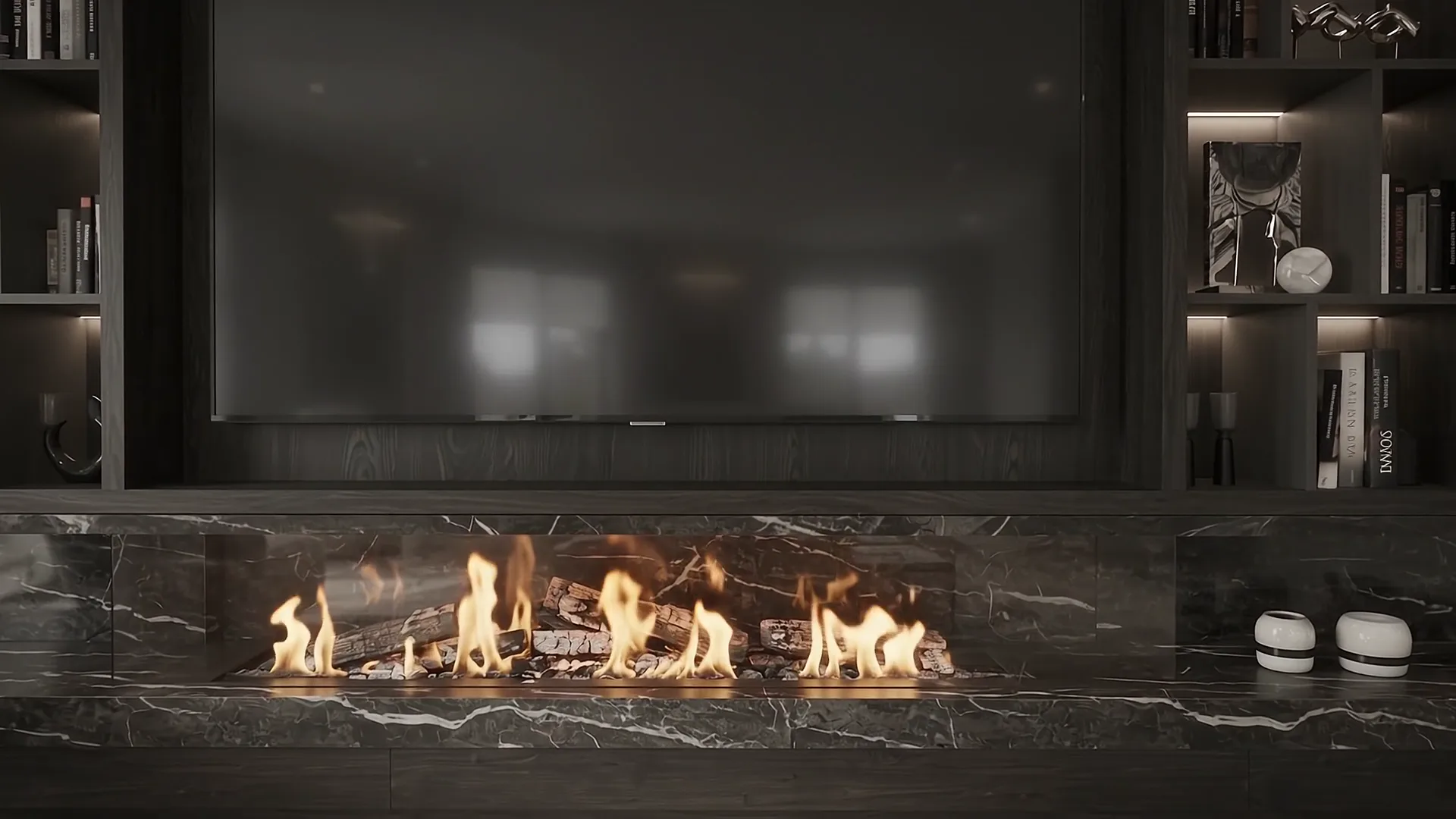 Detail — bespoke media wall & fireplace