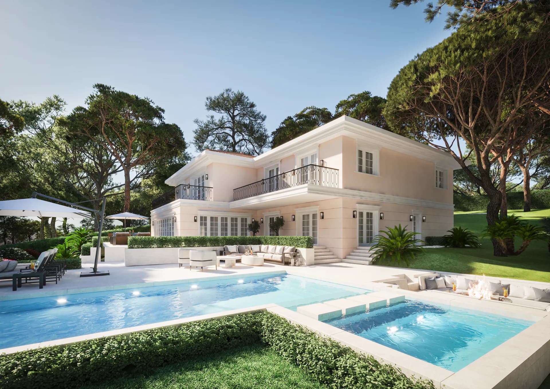 Pale pink villa with a large pool, loungers and umbrella pines — Cannes Villa, Cannes