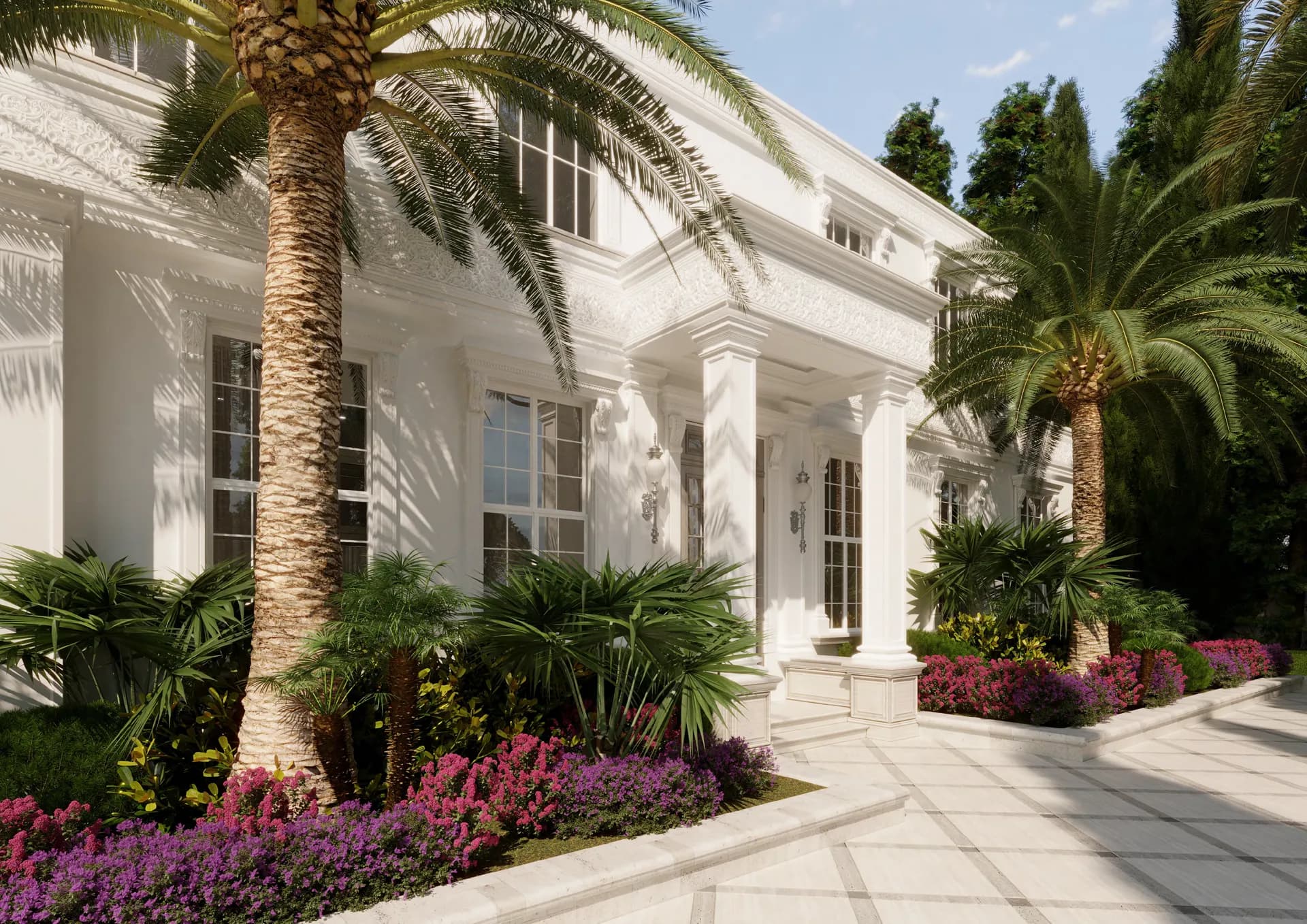 Neoclassical villa entrance with columns, palm trees and flowering borders — Villa La Fadarello, Cap Ferrat