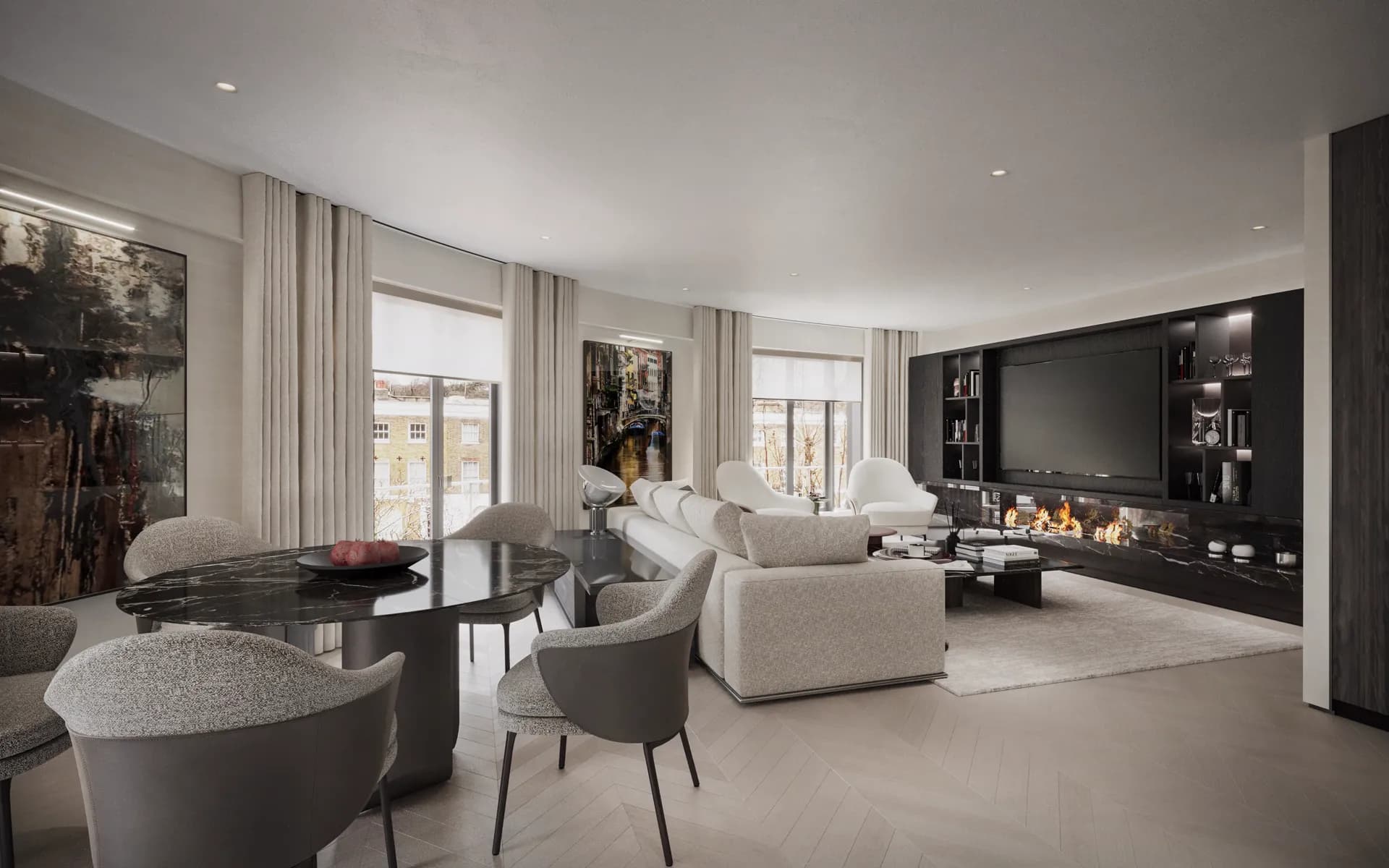 Open-plan living and dining room with a dark media wall, linear fireplace and marble dining table — Chelsea Apartment, London