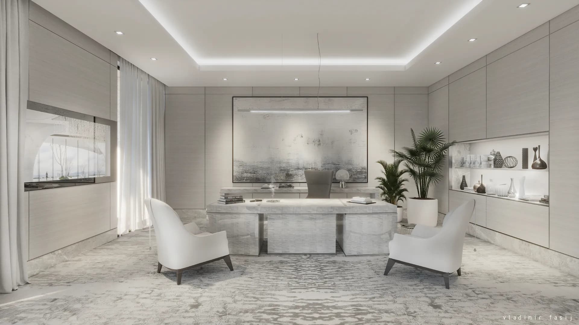 Study with a stone desk, lit display shelves and white armchairs — Persian Gulf Coast Villa, Abu Dhabi