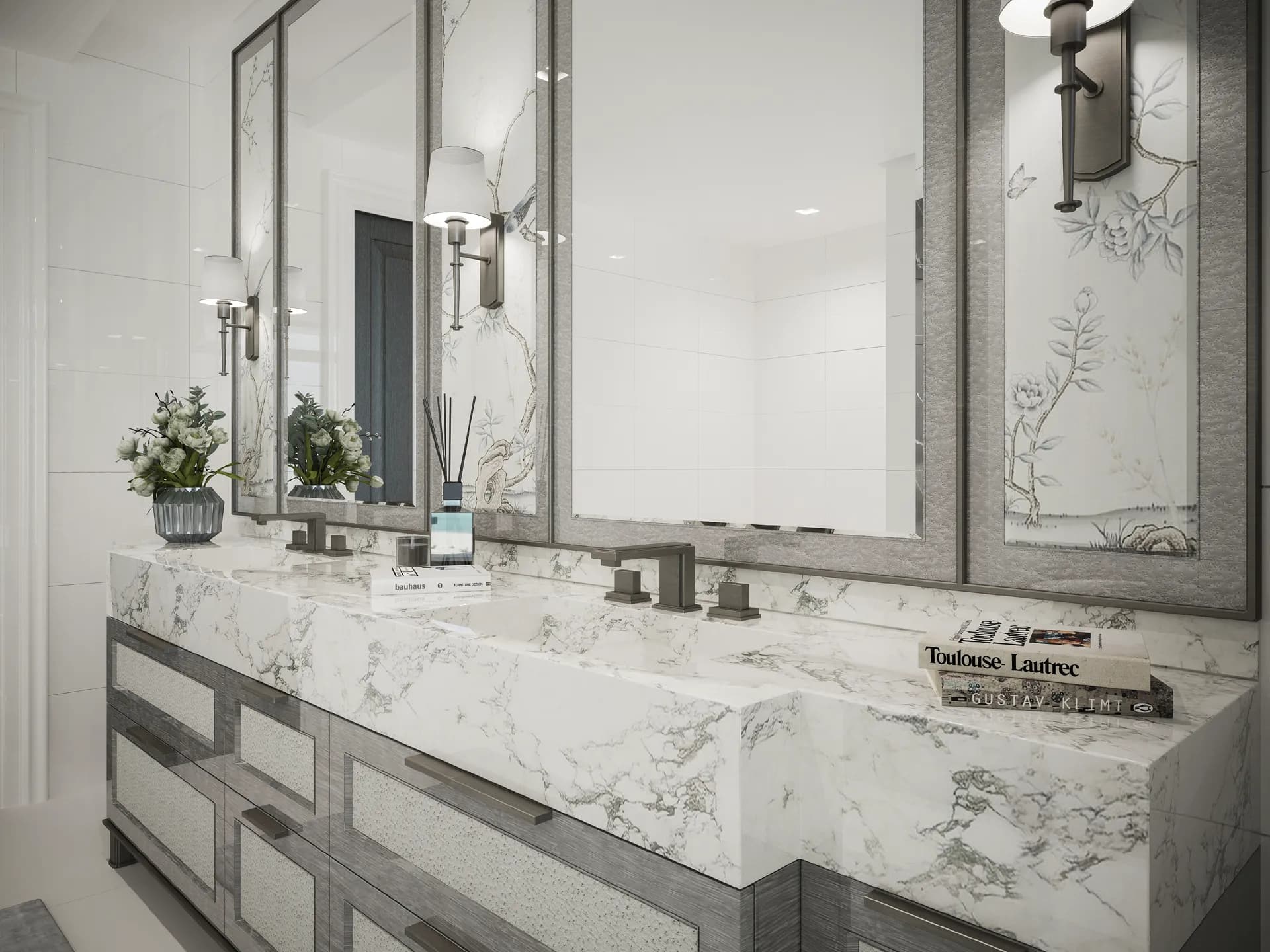 Marble double vanity with framed mirrors and wall lights — Villa at Saadiyat Island, Abu Dhabi